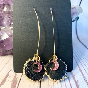 Black Solar Quartz Druzy Gold Moon Earrings